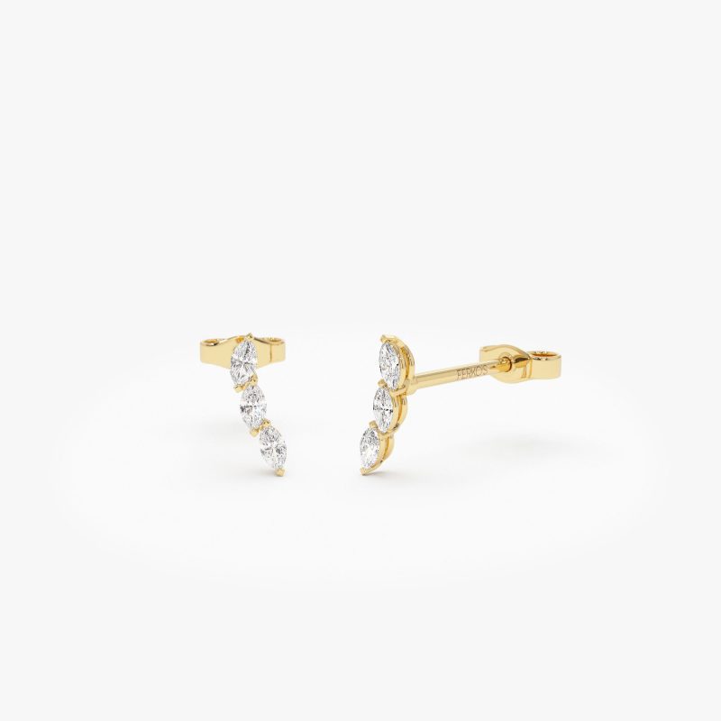 14k Three Stone Marquise Shaped Diamond Studs 14K Gold Ferkos Fine Jewelry