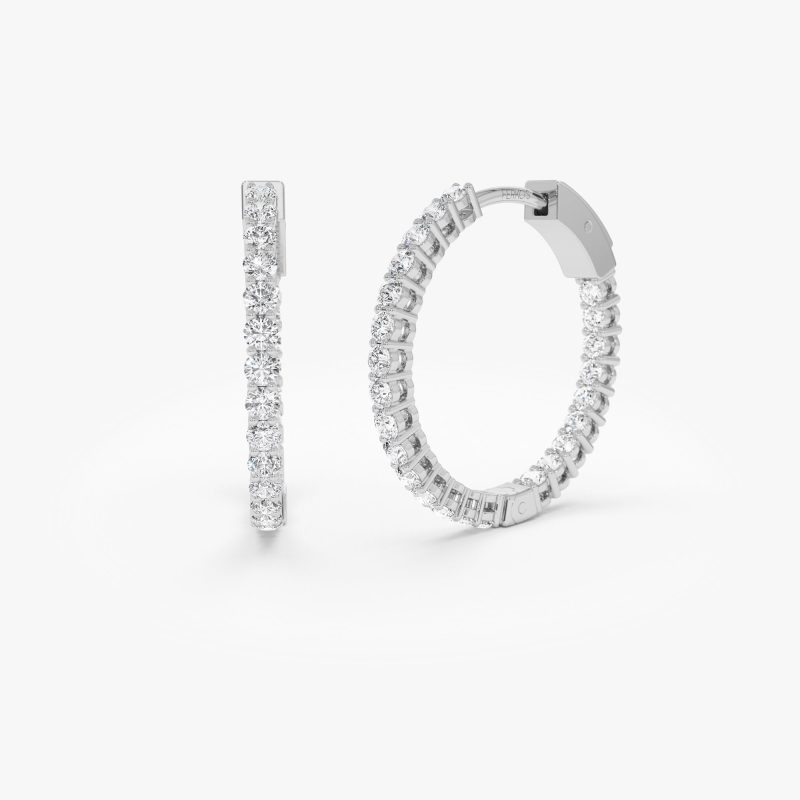 14Kt 12.5MM Inside Out Diamond Hoops 14k White Gold Ferkos Fine Jewelry