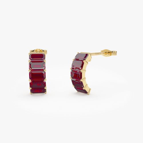 14K Emerald Cut Garnet Half Hoop Earrings 14K Gold Ferkos Fine Jewelry