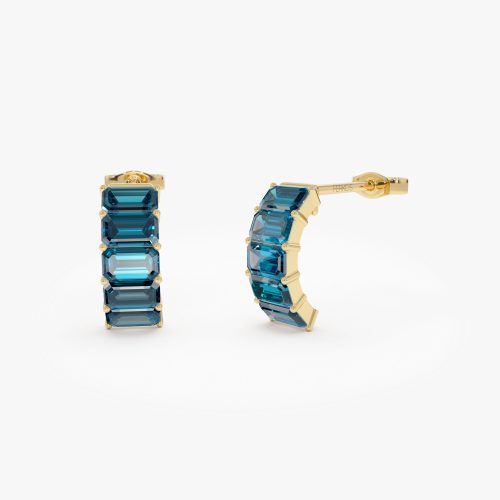 14K Emerald Cut London Blue Topaz Half Hoop Earrings 14K Gold Ferkos Fine Jewelry