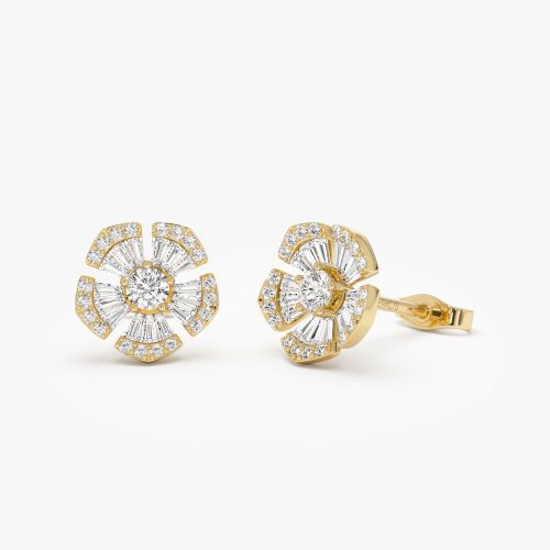 14k Baguette & Round Diamond Unique Flower Earrings 14k Gold Ferkos Fine Jewelry