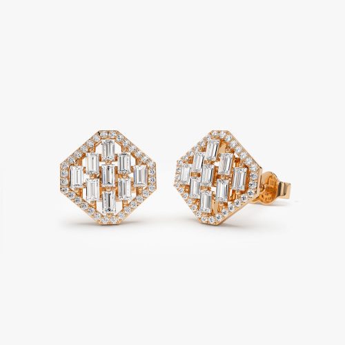 14k Baguette Diamond Earrings in Halo Setting 14K Rose Gold Ferkos Fine Jewelry