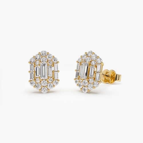 14k Baguette & Round Diamond Hexagon Studs 14K Gold Ferkos Fine Jewelry