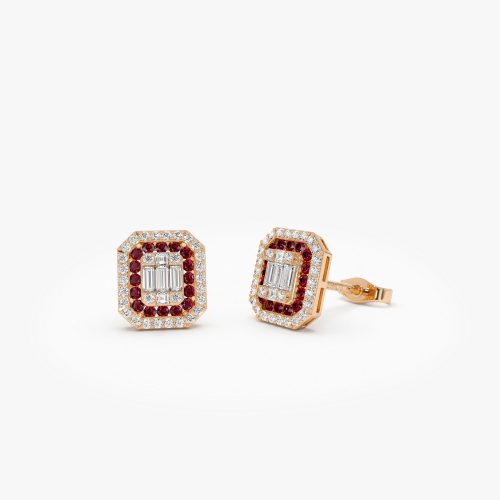 14k Baguette and Round Ruby Studs Halo Setting 14K Rose Gold Ferkos Fine Jewelry