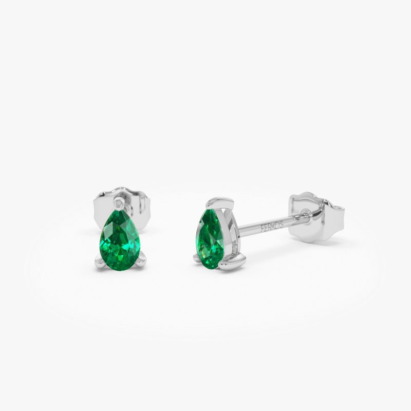 14K  Pear Shaped Emerald Stud Earrings 14k White Gold Ferkos Fine Jewelry