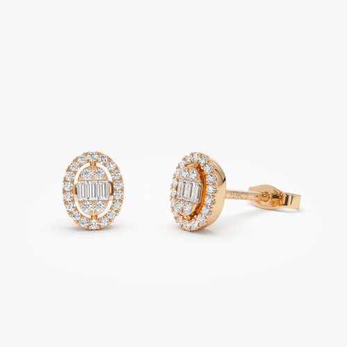 14k Oval Shaped Baguette & Round Diamond Mini Studs 14k Rose Gold Ferkos Fine Jewelry