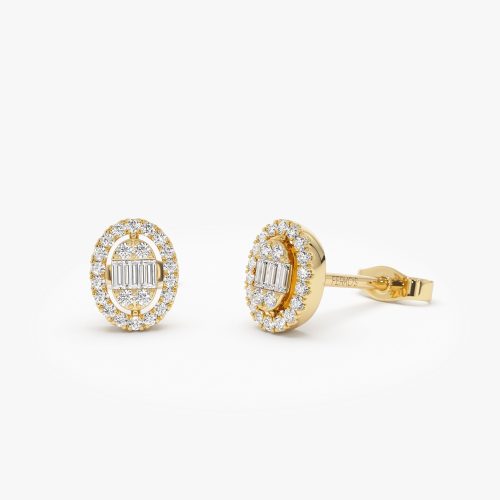 14k Oval Shaped Baguette & Round Diamond Mini Studs 14k Gold Ferkos Fine Jewelry