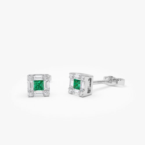 14K Princess-Cut Emerald Stud Earrings with Diamond Halo 14k White Gold Ferkos Fine Jewelry