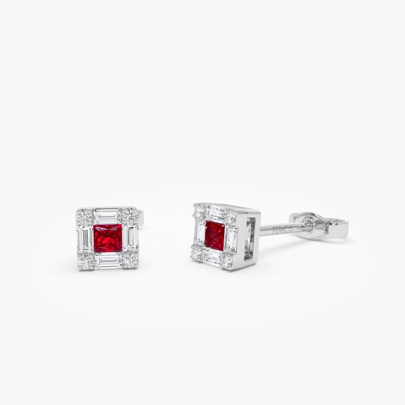 14K Princess-Cut Ruby Stud Earrings with Diamond Halo 14k White Gold Ferkos Fine Jewelry