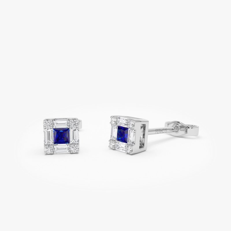 14K Princess-Cut Sapphire Stud Earrings with Diamond Halo 14k White Gold Ferkos Fine Jewelry