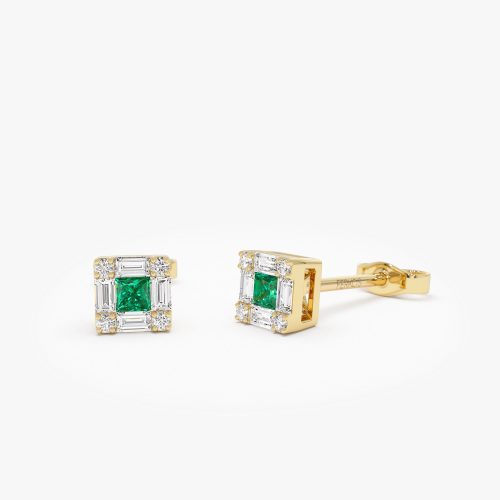 14K Princess-Cut Emerald Stud Earrings with Diamond Halo 14k Gold Ferkos Fine Jewelry