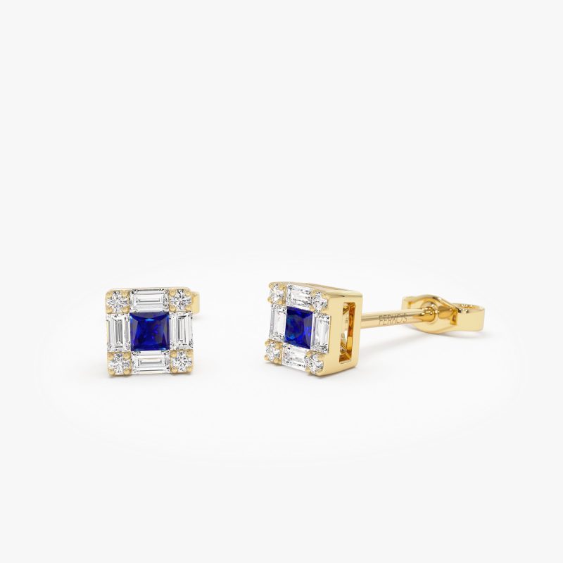 14K Princess-Cut Sapphire Stud Earrings with Diamond Halo 14k Gold Ferkos Fine Jewelry