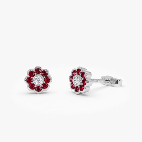 14K Bezel Setting Ruby Flower Diamond Studs 14k White Gold Ferkos Fine Jewelry