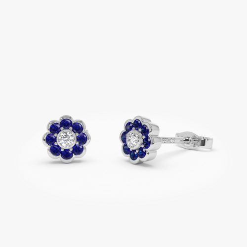 14K Bezel Setting Sapphire Flower Diamond Studs 14k White Gold Ferkos Fine Jewelry