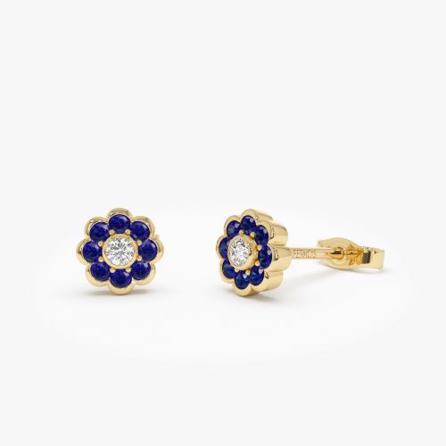 14K Bezel Setting Sapphire Flower Diamond Studs 14k Gold Ferkos Fine Jewelry