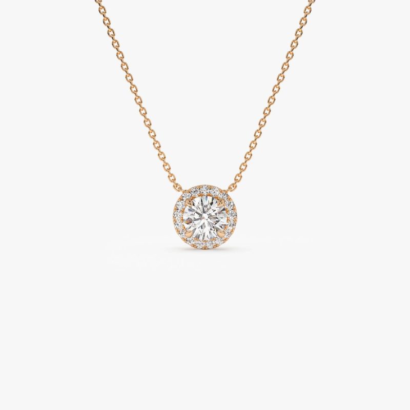 0.90 ctw 14K Halo Setting Round Brilliant Cut Lab Grown Diamond Necklace - Ana 14K Rose Gold Ferkos Fine Jewelry