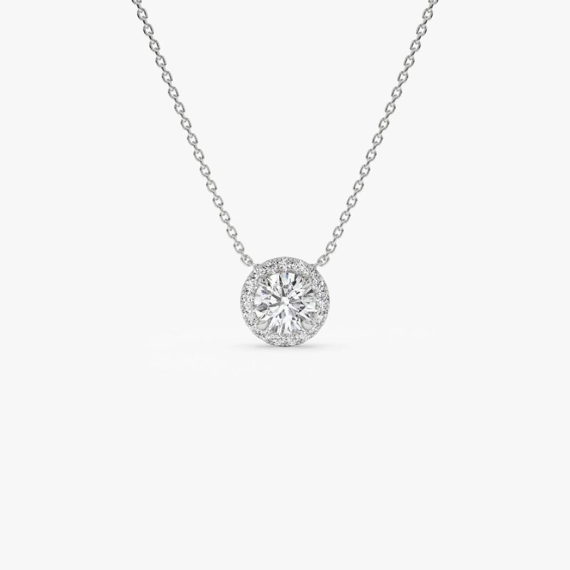 0.90 ctw 14K Halo Setting Round Brilliant Cut Lab Grown Diamond Necklace - Ana 14K White Gold Ferkos Fine Jewelry