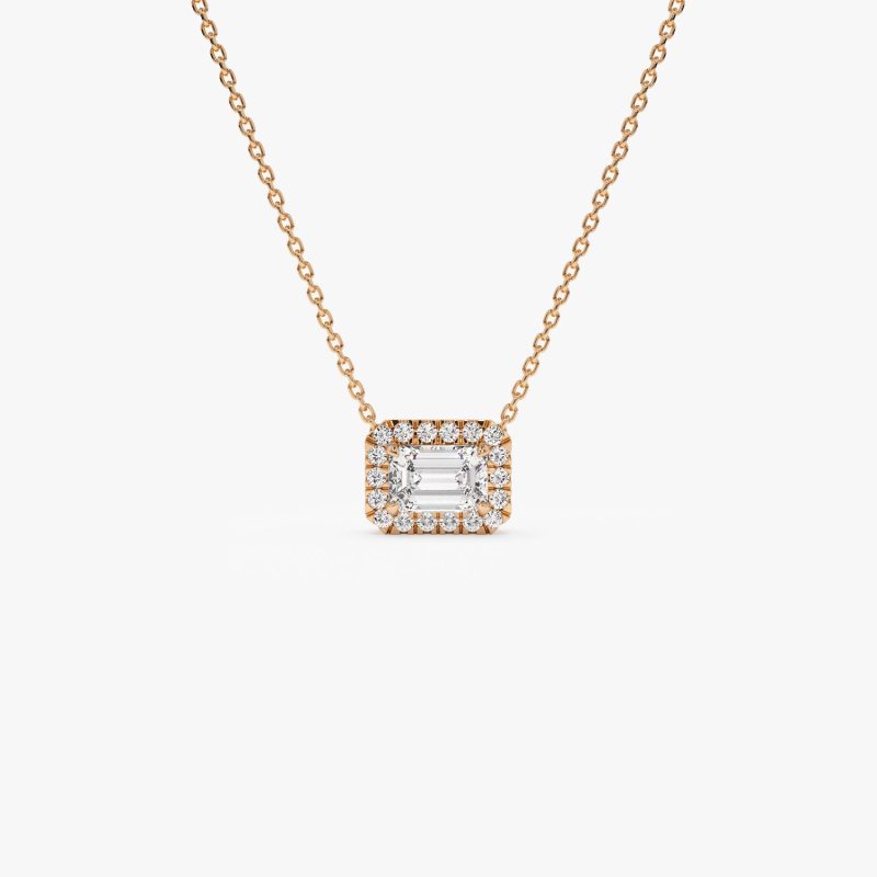 0.90 ctw 14K Halo Setting Emerald Cut Lab Grown Diamond Necklace - Taylor 14K Rose Gold Ferkos Fine Jewelry