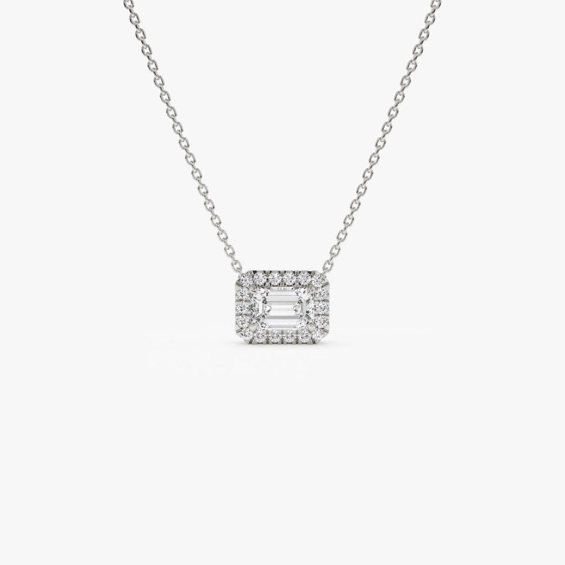 0.90 ctw 14K Halo Setting Emerald Cut Lab Grown Diamond Necklace - Taylor 14K White Gold Ferkos Fine Jewelry