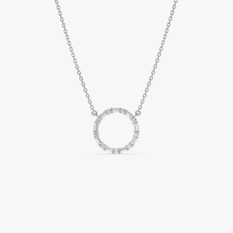 14k Baguette & Round Diamond Circle Necklace 14K White Gold Ferkos Fine Jewelry