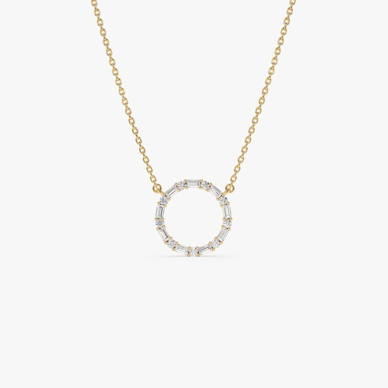 14k Baguette & Round Diamond Circle Necklace 14K Gold Ferkos Fine Jewelry