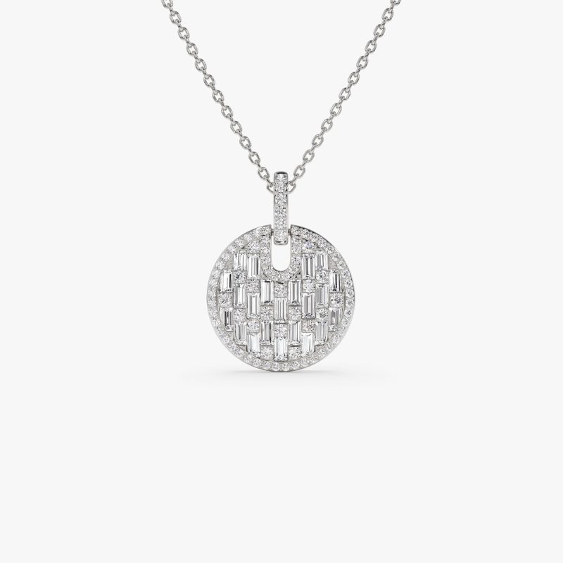 14k Unique Baguette and Round Diamond Disc Necklace 14k White Gold Ferkos Fine Jewelry