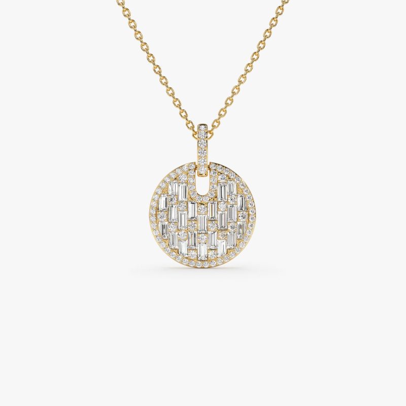 14k Unique Baguette and Round Diamond Disc Necklace 14k Gold Ferkos Fine Jewelry