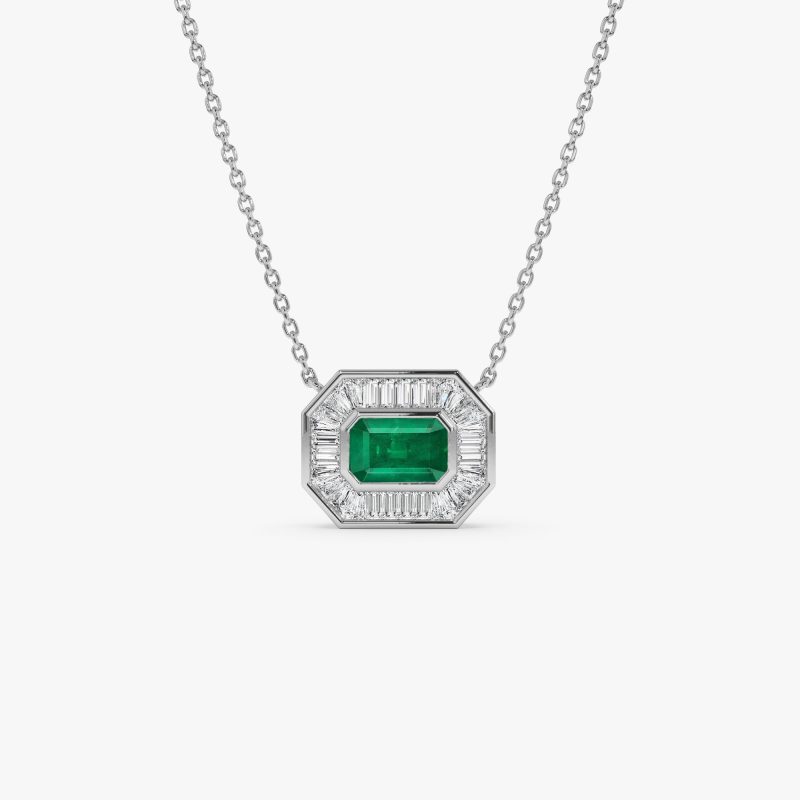 14k Baguette Halo Emerald Necklace 14k White Gold Ferkos Fine Jewelry