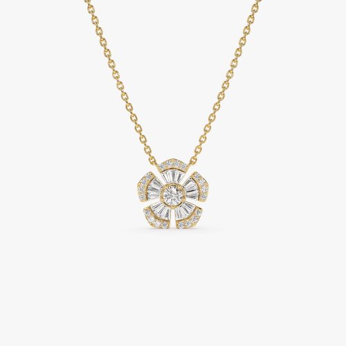 14k Baguette and Round Diamond Flower Necklace 14k Gold Ferkos Fine Jewelry