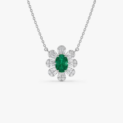 14k Oval Shape Emerald Necklace with Baguettes 14K White Gold Ferkos Fine Jewelry