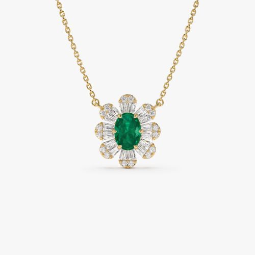 14k Oval Shape Emerald Necklace with Baguettes 14K Gold Ferkos Fine Jewelry