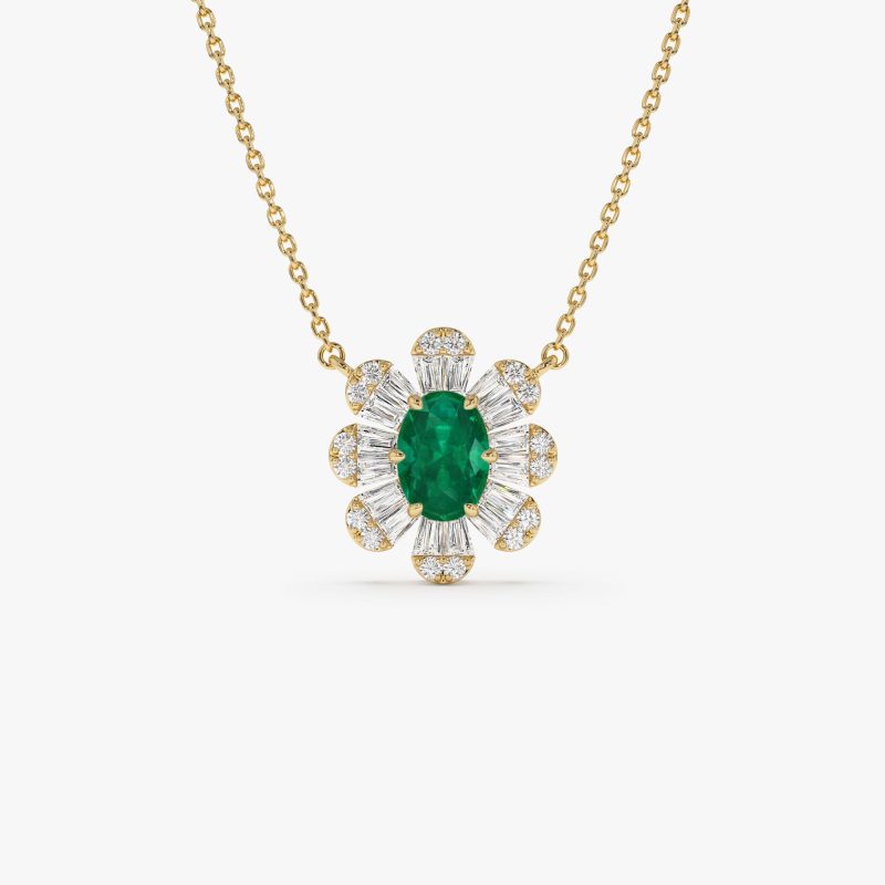 14k Oval Shape Emerald Necklace with Baguettes 14K Gold Ferkos Fine Jewelry