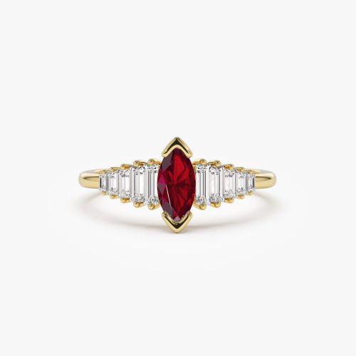 14k Gold Marquise Shape Ruby  Ring with Baguette Accents 14K Gold Ferkos Fine Jewelry