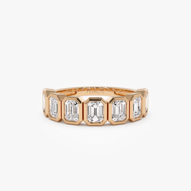 1.45 ctw 14k Bezel Setting Seven Stone Emerald Cut Lab Grown Diamond Wedding Ring - Zoey Ferkos Fine Jewelry