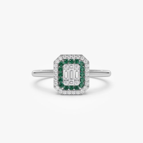 14k Baguette and Round Emerald Ring with Halo Setting 14K White Gold Ferkos Fine Jewelry