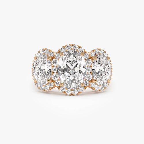 3.35 ctw Three Stone Halo Oval Lab Grown Engagement Ring - Ashley Ferkos Fine Jewelry