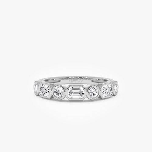 0.95 ctw 14k Bezel Setting Emerald Cut & Round Lab Grown Diamond Wedding Ring - Sarah 14k White Gold Ferkos Fine Jewelry