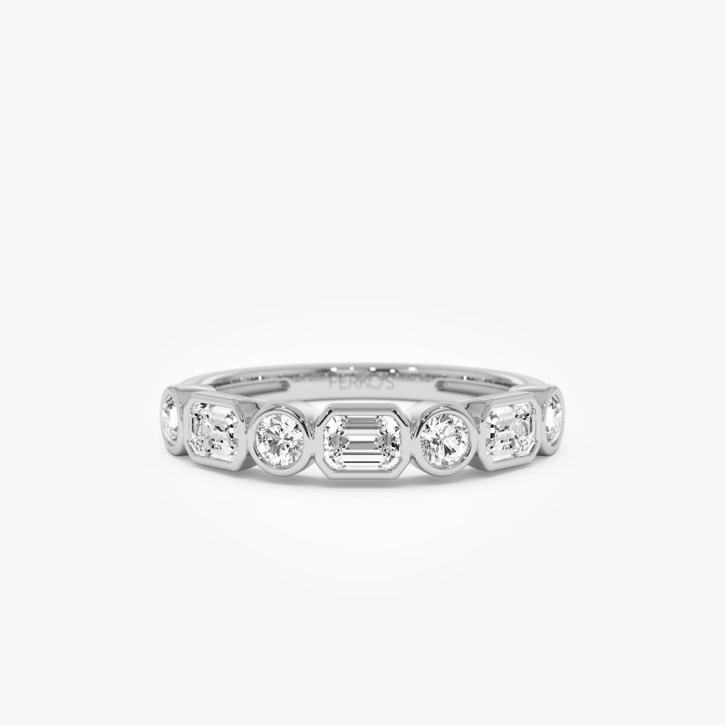 0.95 ctw 14k Bezel Setting Emerald Cut & Round Lab Grown Diamond Wedding Ring - Sarah 14k White Gold Ferkos Fine Jewelry