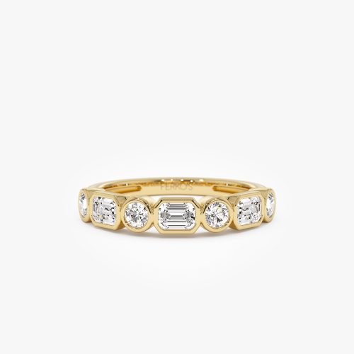 0.95 ctw 14k Bezel Setting Emerald Cut & Round Lab Grown Diamond Wedding Ring - Sarah 14k Gold Ferkos Fine Jewelry