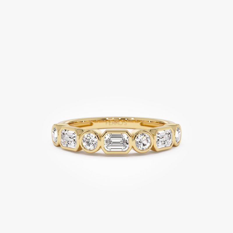 0.95 ctw 14k Bezel Setting Emerald Cut & Round Lab Grown Diamond Wedding Ring - Sarah 14k Gold Ferkos Fine Jewelry