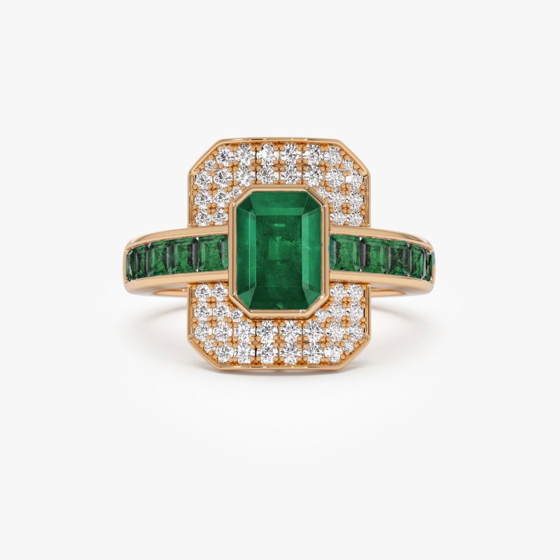 14k Unique Emerald and Diamond Art Deco Ring 14K Rose Gold Ferkos Fine Jewelry