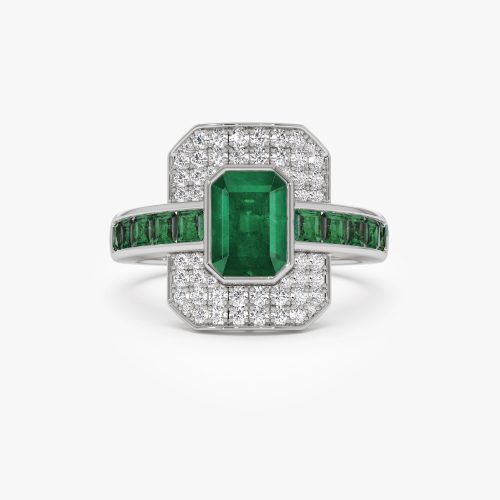 14k Unique Emerald and Diamond Art Deco Ring 14K White Gold Ferkos Fine Jewelry