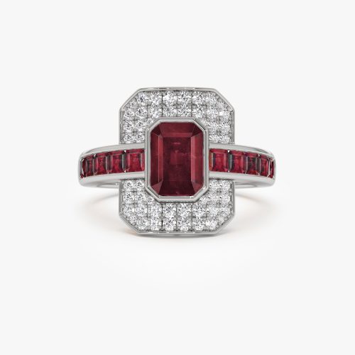 14k Unique Ruby and Diamond Art Deco Ring 14K White Gold Ferkos Fine Jewelry