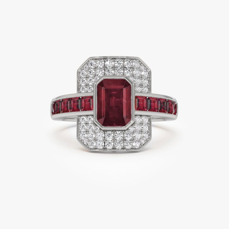 14k Unique Ruby and Diamond Art Deco Ring 14K White Gold Ferkos Fine Jewelry