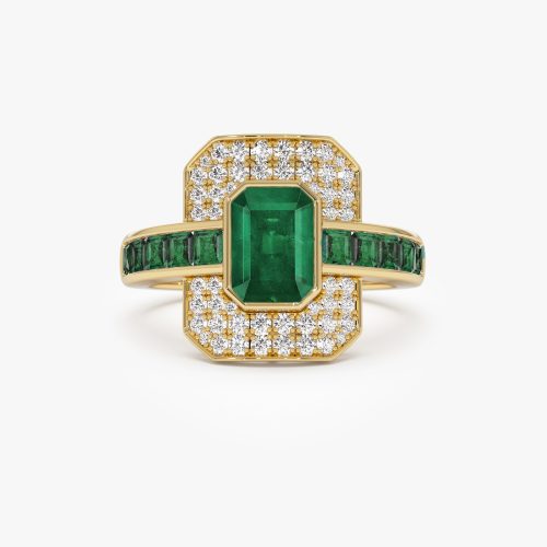 14k Unique Emerald and Diamond Art Deco Ring 14K Gold Ferkos Fine Jewelry