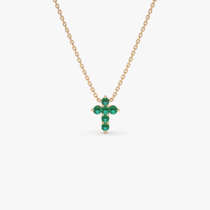 14K Tiny Emerald Cross Necklace 14K Rose Gold Ferkos Fine Jewelry