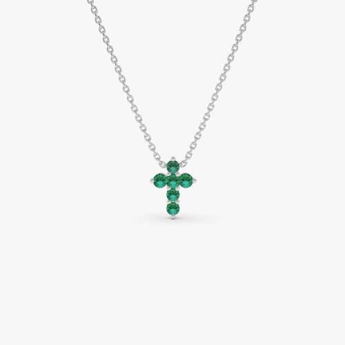 14K Tiny Emerald Cross Necklace 14K White Gold Ferkos Fine Jewelry