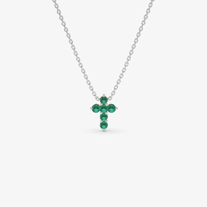 14K Tiny Emerald Cross Necklace 14K White Gold Ferkos Fine Jewelry