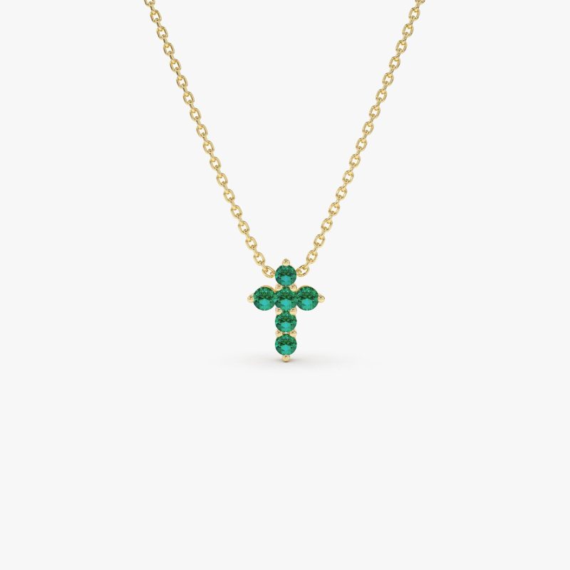 14K Tiny Emerald Cross Necklace 14K Gold Ferkos Fine Jewelry