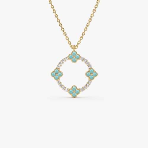 14k Turquoise and Diamond Clover Pendant Necklace 14K Gold Ferkos Fine Jewelry